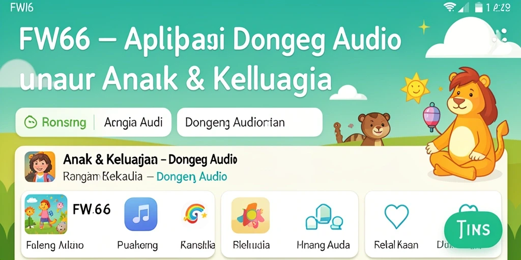 Tampilan antarmuka FW66 yang ramah anak dengan pilihan dongeng audio.