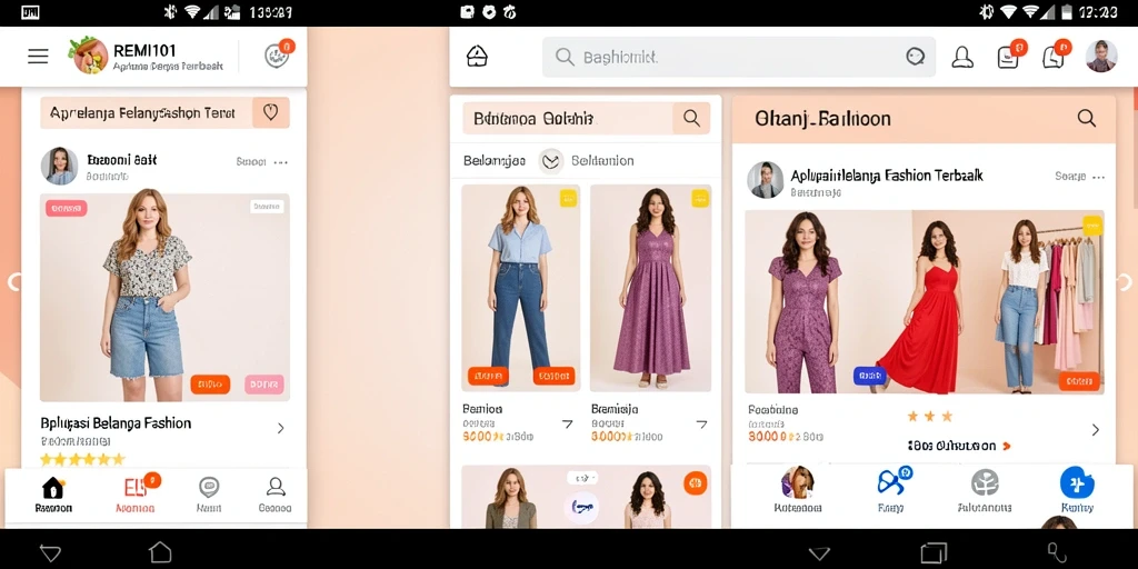 Tampilan antarmuka aplikasi REMI101 dengan berbagai pilihan produk fashion.