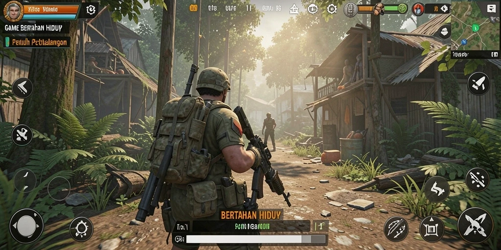 Screenshot V98 menampilkan aksi bertahan hidup yang mendebarkan.